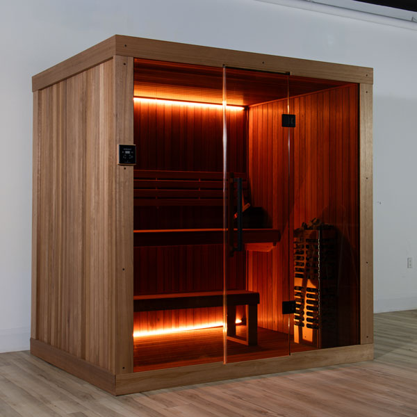 LeisureCraft Element Studio indoor sauna with full glass front