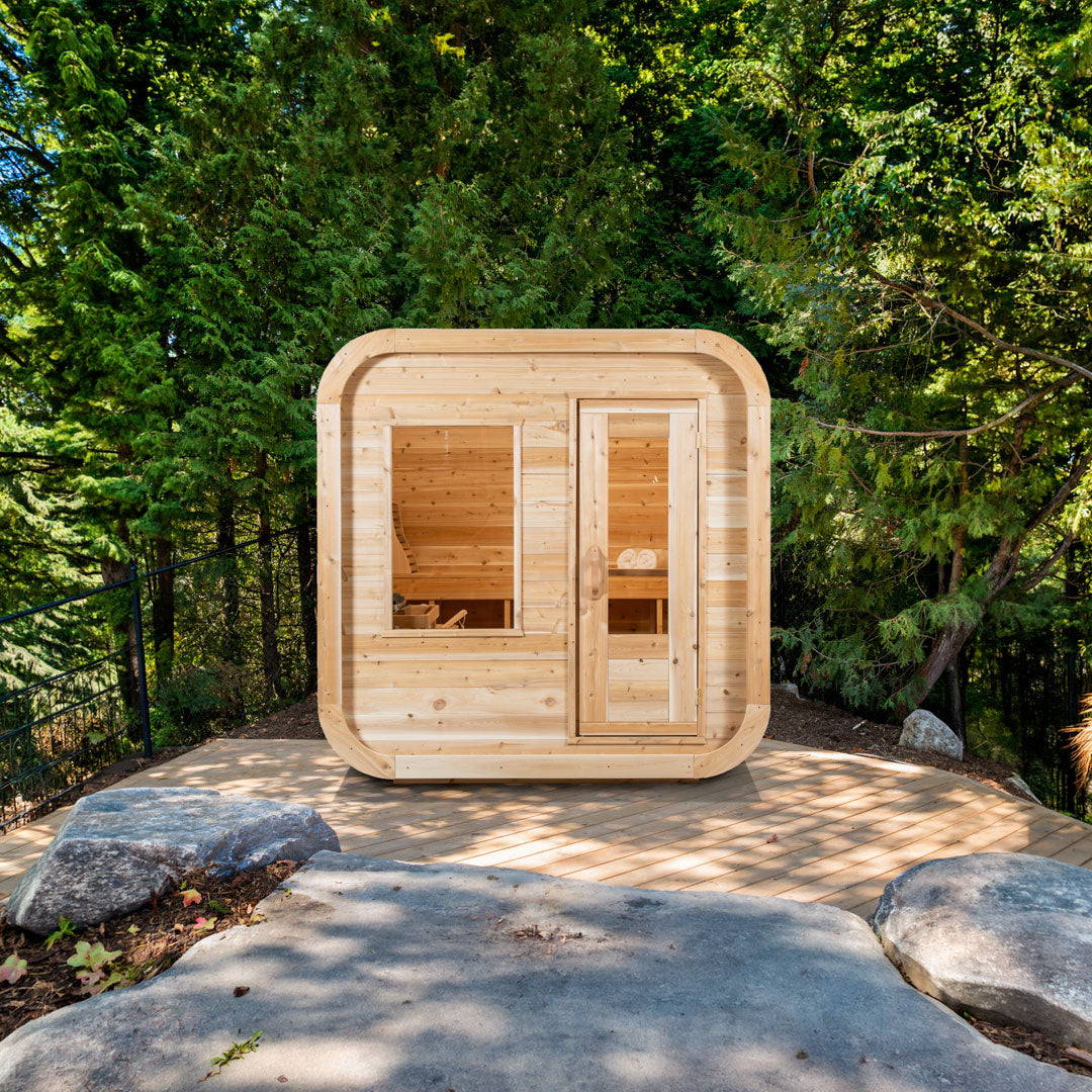LeisureCraft Luna outdoor sauna in Eastern White Cedar