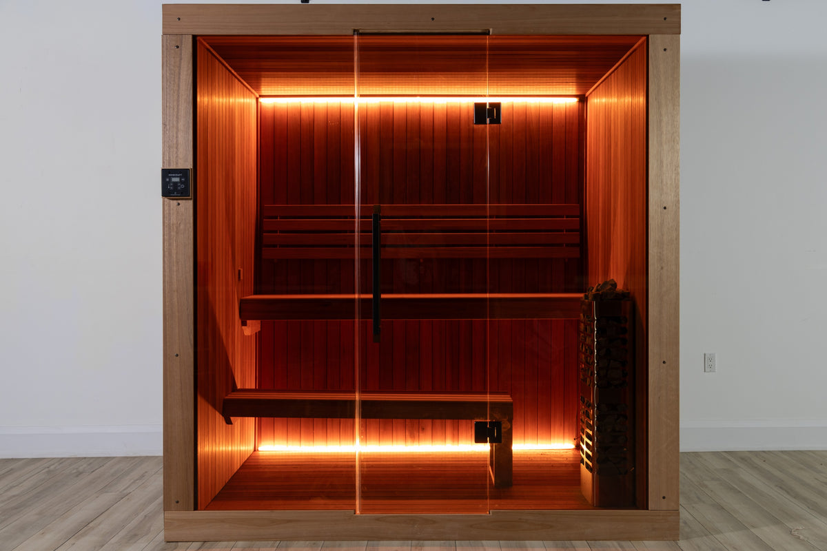 LeisureCraft Element Studio indoor sauna front view with full glass door and LED lighting