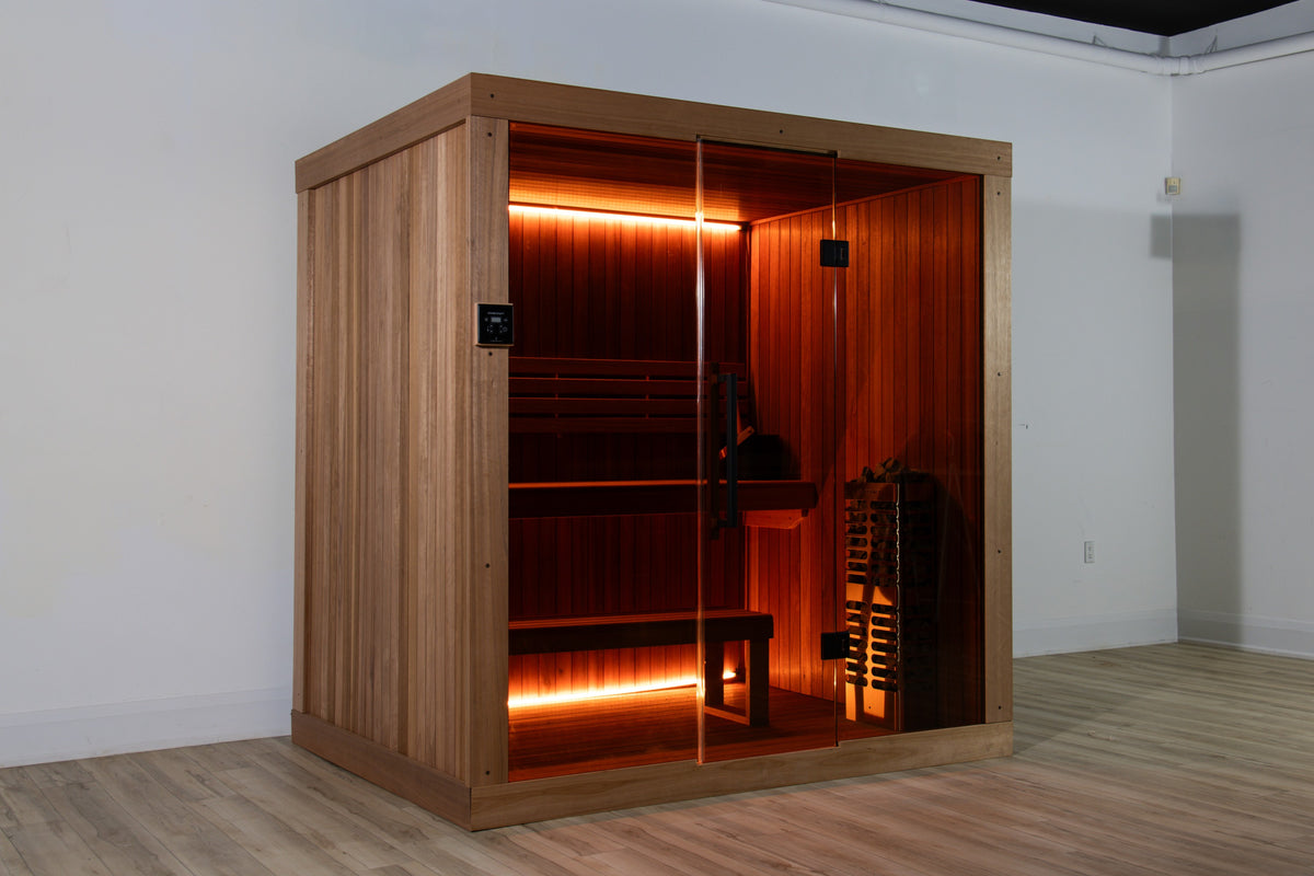 Angled view of the LeisureCraft Element Studio indoor sauna in Thermo Grandis wood