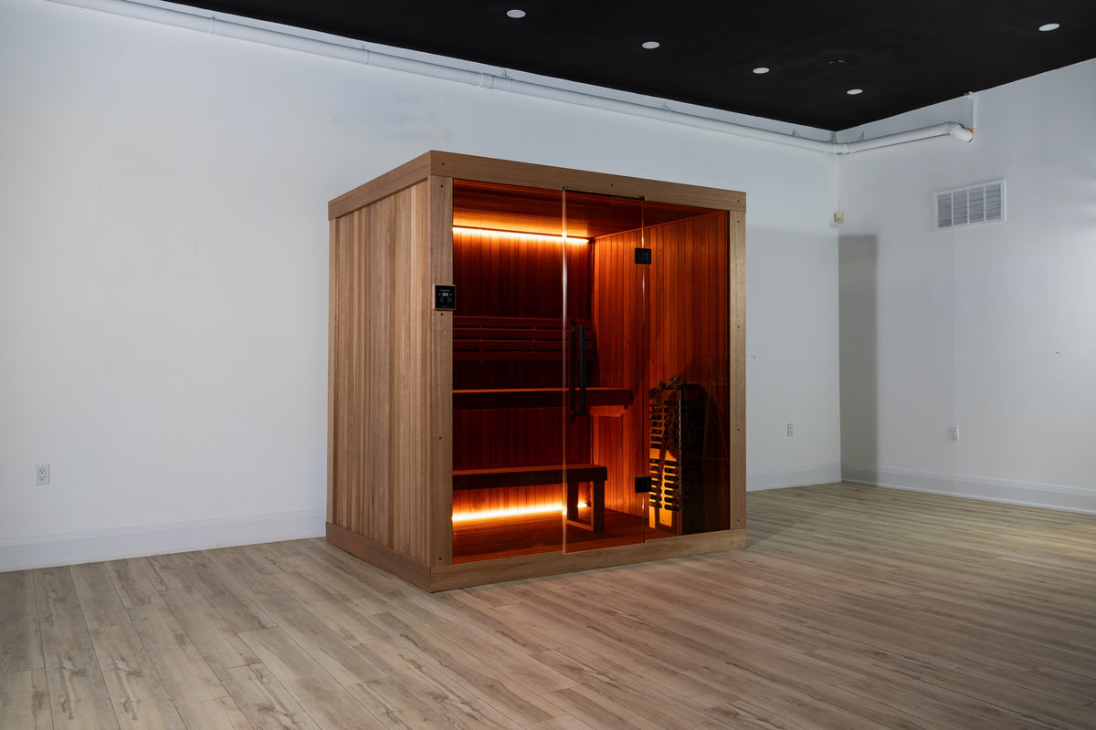 LeisureCraft Element Studio indoor sauna in a white room with wood-look floor