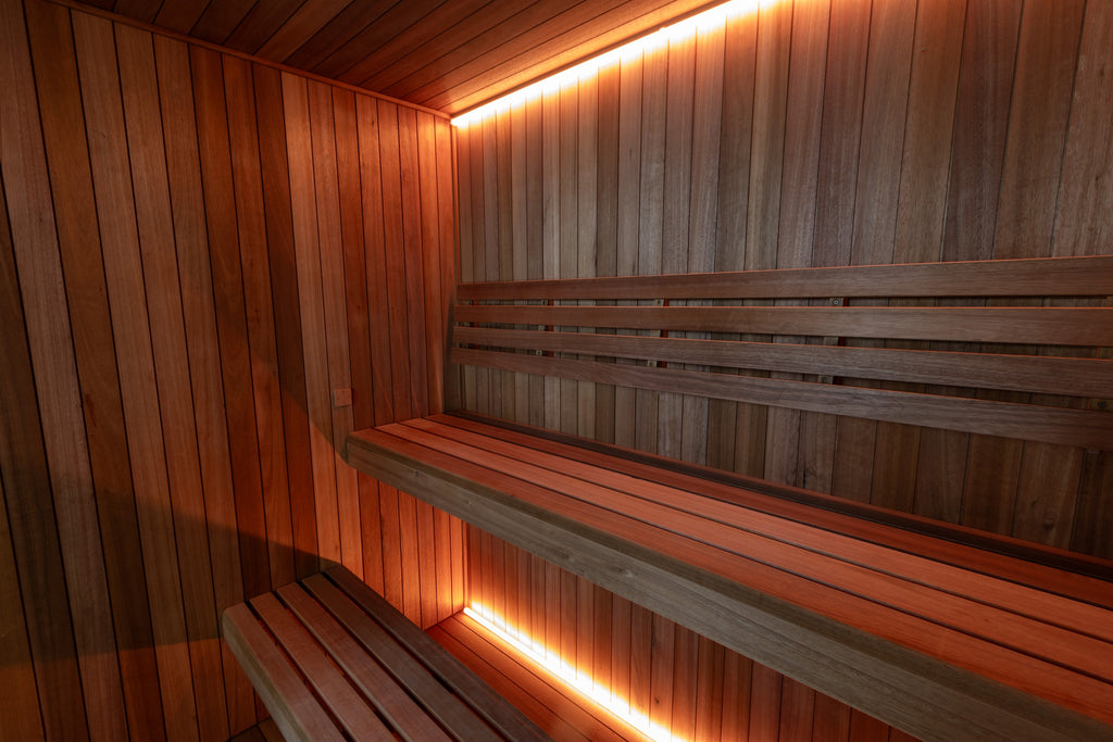 Element Studio sauna interior with Thermo Grandis benches and LED accent lighting