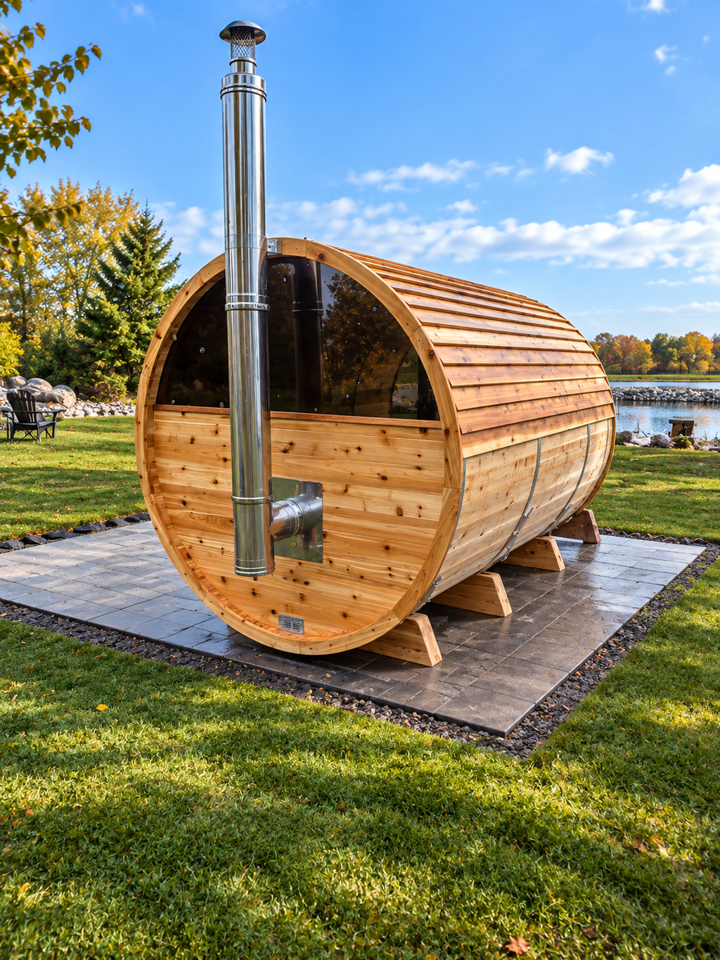Back of the LeisureCraft Tranquility MP barrel sauna with stainless steel chimney on a stone patio