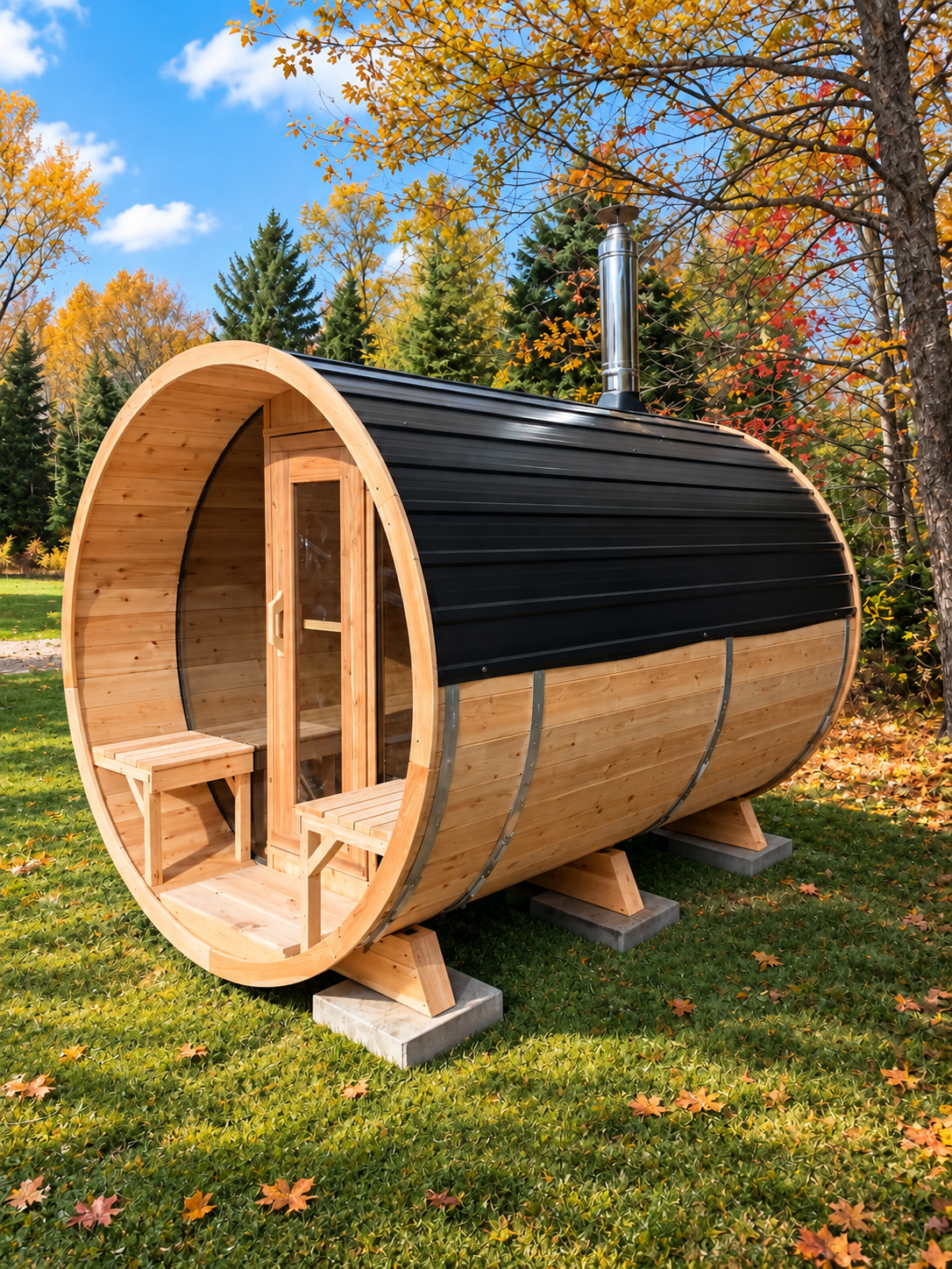 LeisureCraft Tranquility MP cedar barrel sauna with black roof and chimney in a fall setting