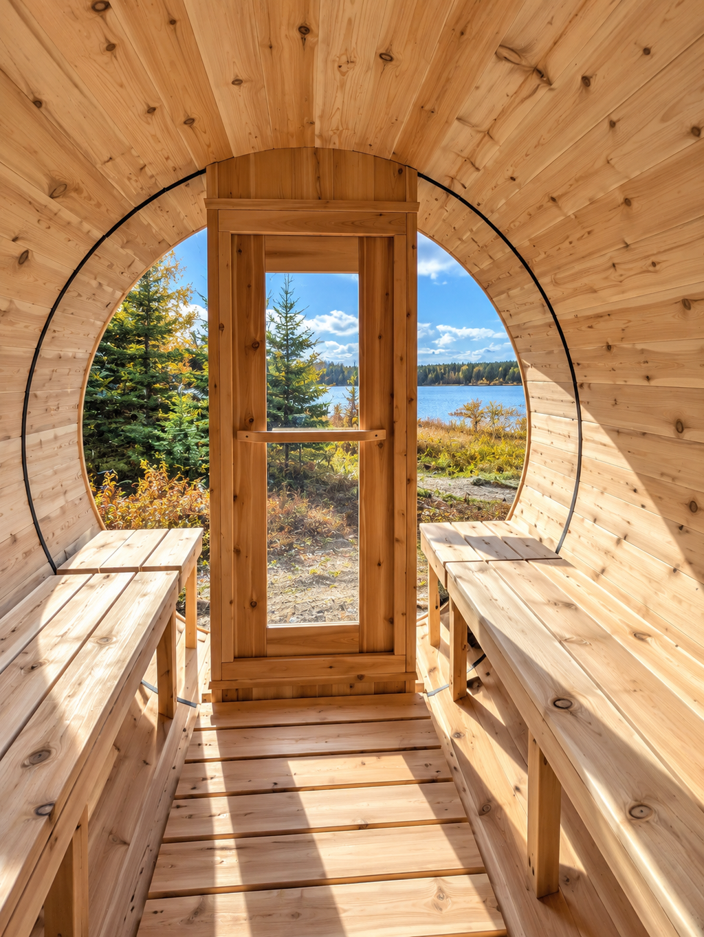 Inside the LeisureCraft Tranquility MP barrel sauna looking out through the glass door to a lake view