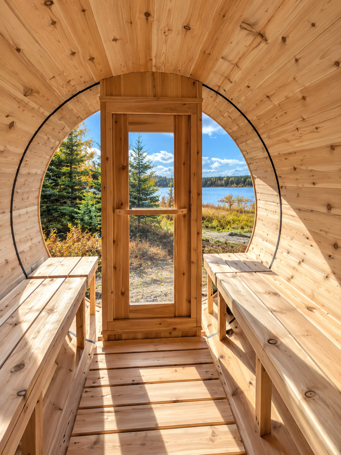 Inside the LeisureCraft Tranquility MP barrel sauna looking out through the glass door to a lake view