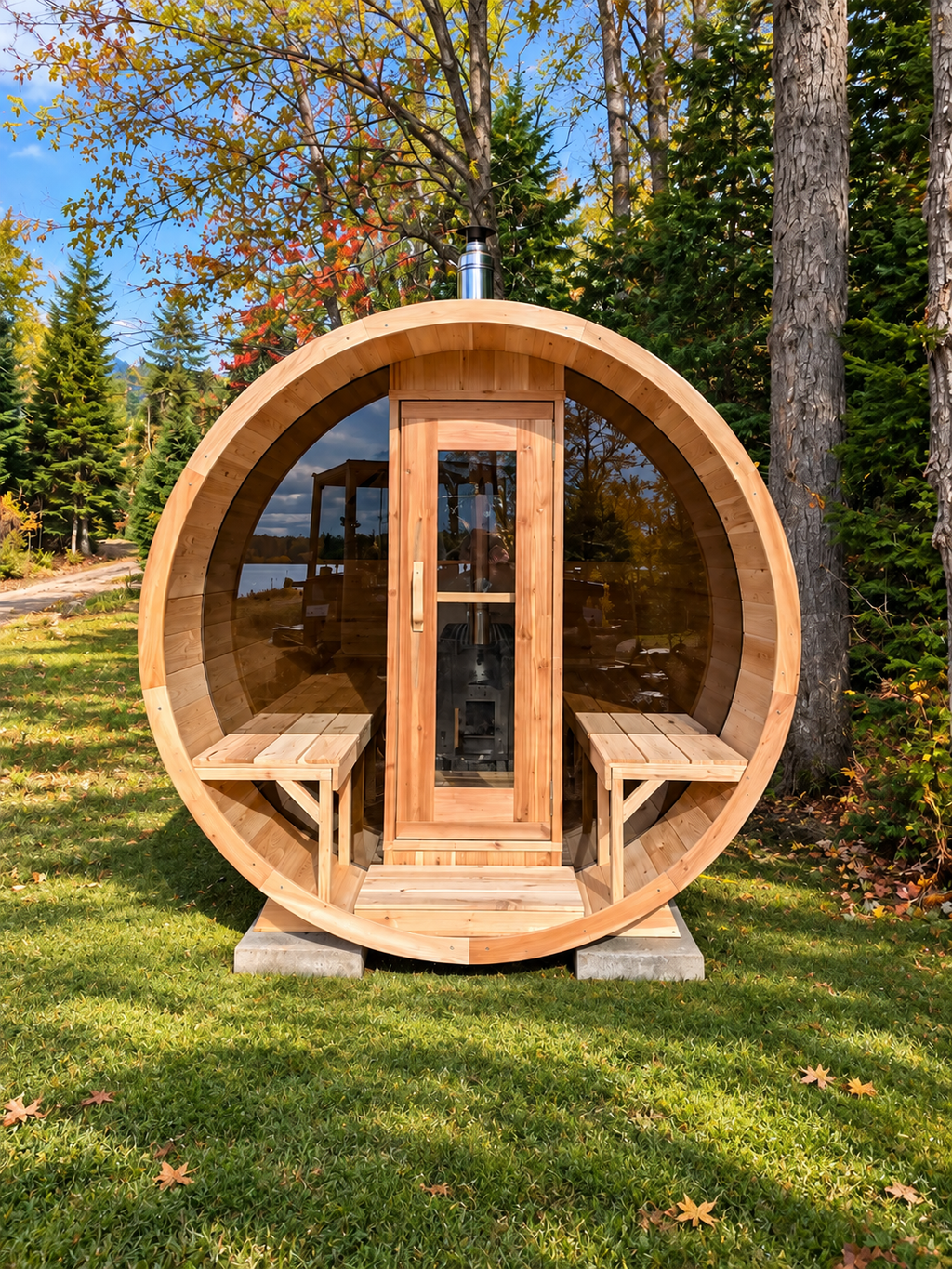 LeisureCraft Tranquility MP barrel sauna front view with glass panoramic end and front porch benches